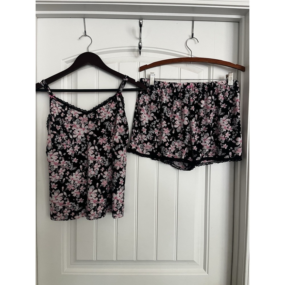 Rene Rofe Sleepwear 2 Piece Set Camisole Shorts Black Pink Pjs Floral Large 632